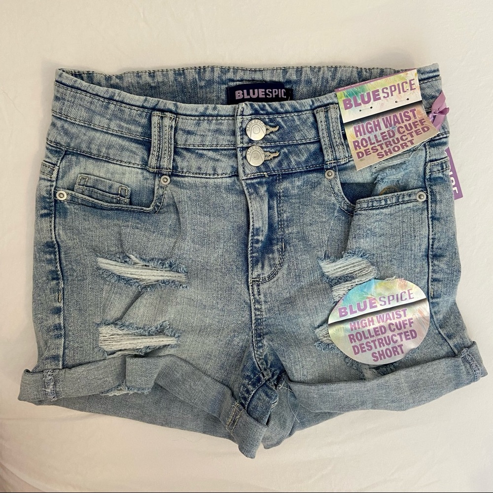 Blue Spice Deconstructed Denim High Waisted Shorts